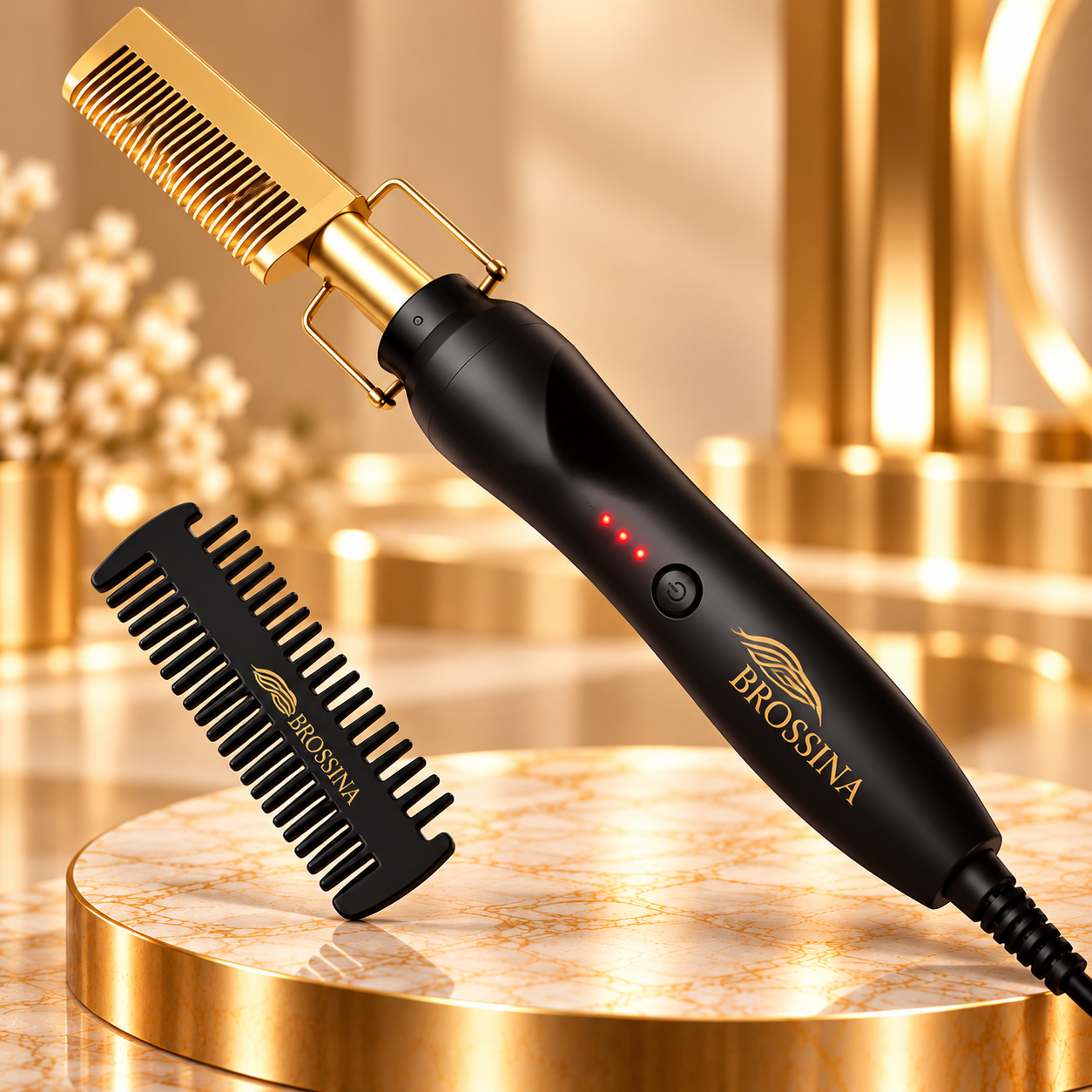 Peigne chauffant 2-en-1 Brossina, finition dorée et noire