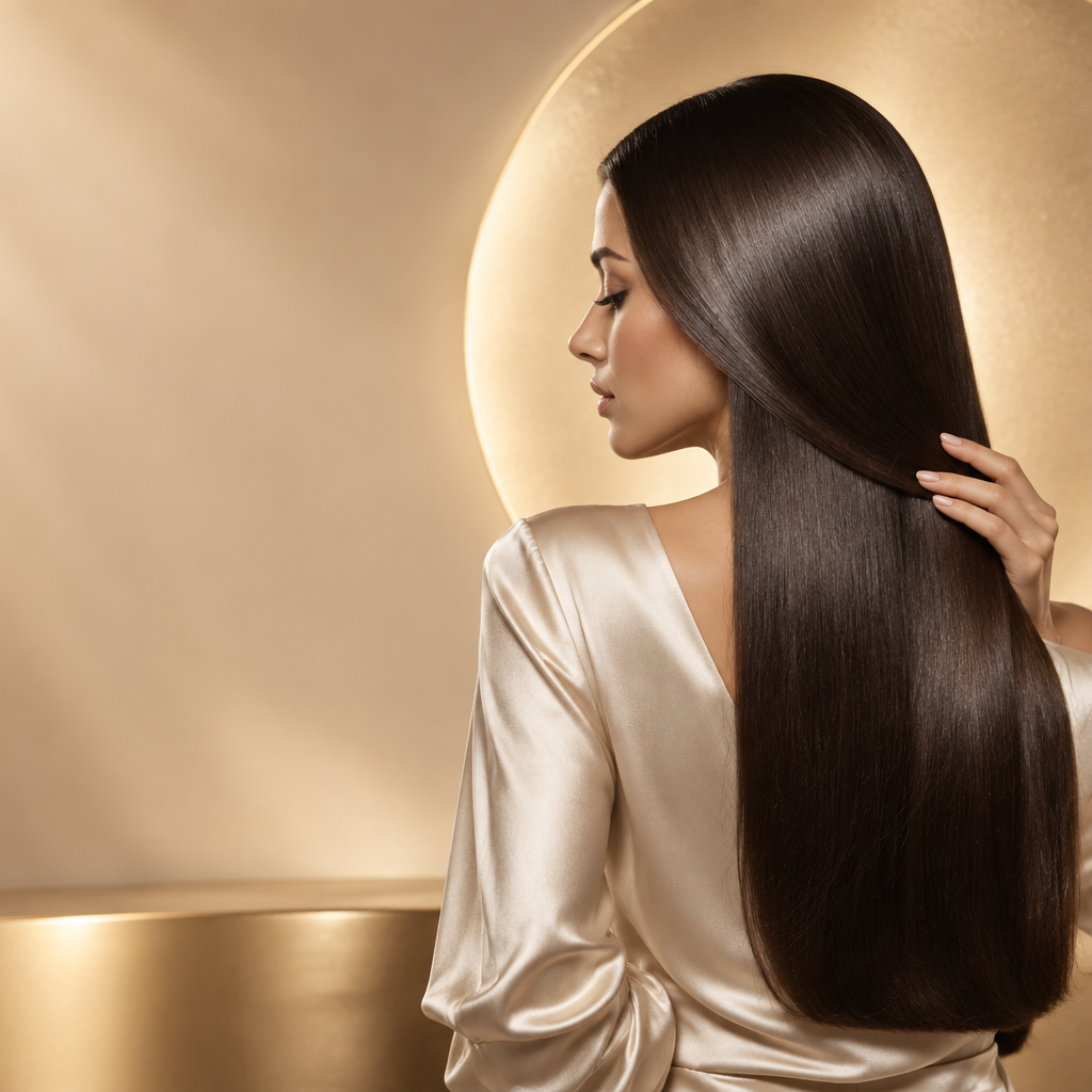 Femme aux cheveux lisses et brillants après une routine Brossina